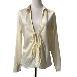 Cream Ivory Satin Tie Front Long Sleeve Blouse Small Going Out Date Night Bridal